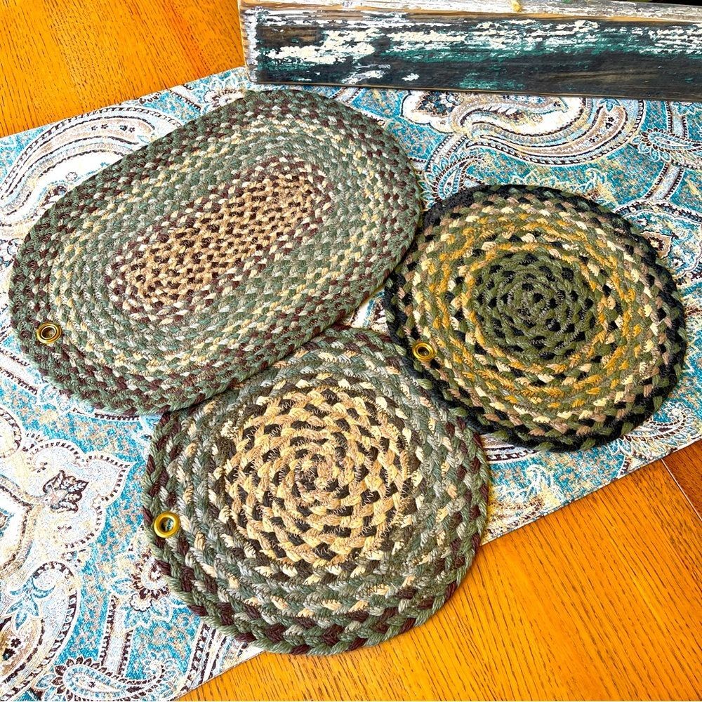 Earth Rugs Braided Jute 3pc Trivet Wall Hanging Set Green Brown NWT